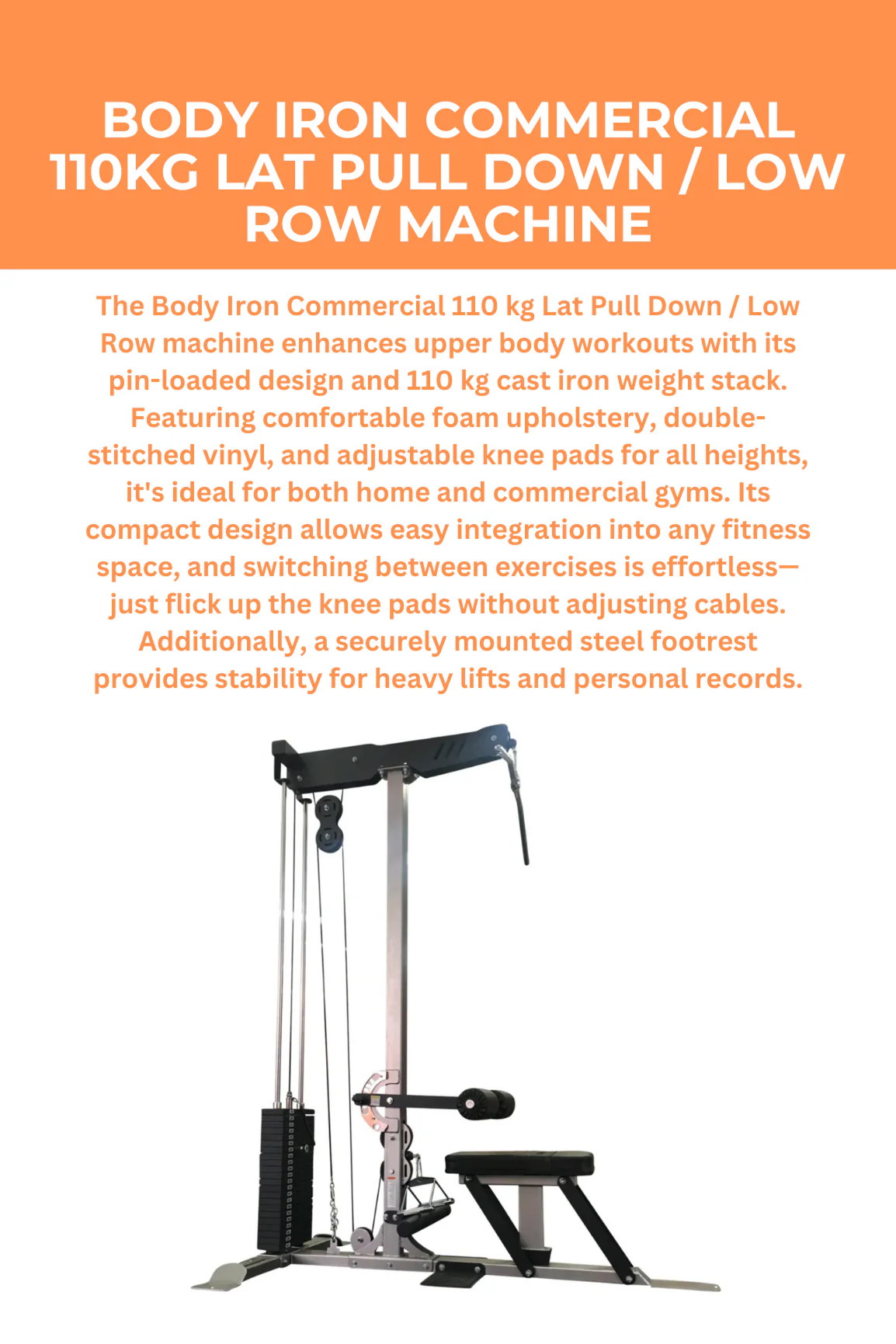 BodyIron® Commercial 110kg Lat Pull Down / Low Row Machine V2 ( Black) - Image 2
