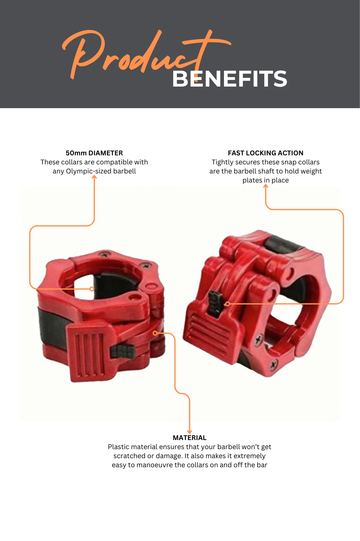 BodyIron® Olympic Barbell Snap Locks (Red) - Image 3